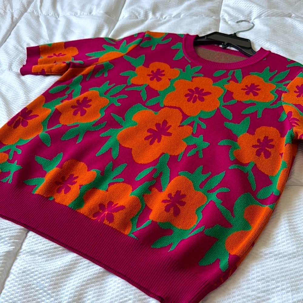 Floral Knit Sweater - Pink, Orange, Green